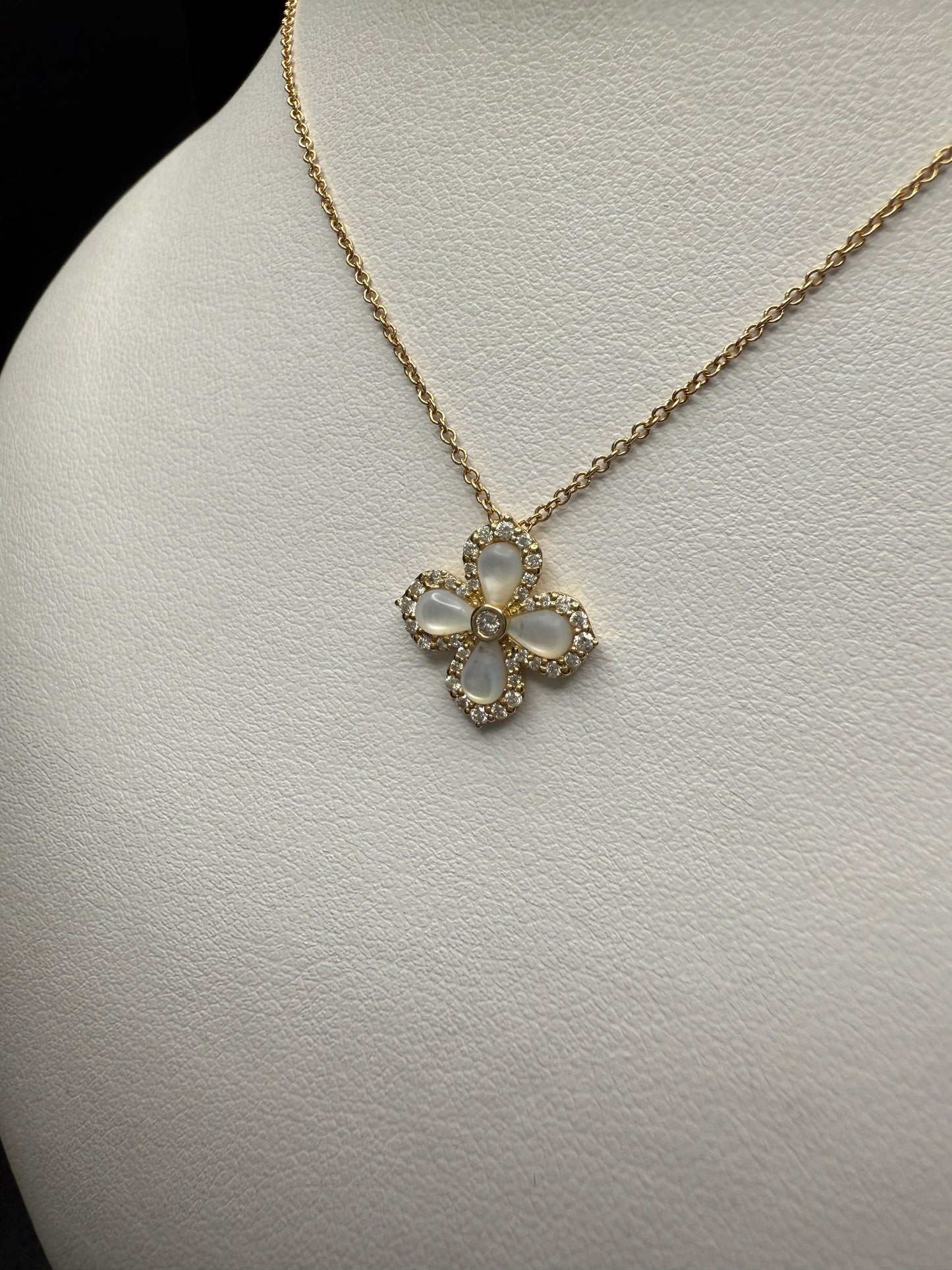 Mother Of Pearl Clover Necklace W/ Natural Diamonds