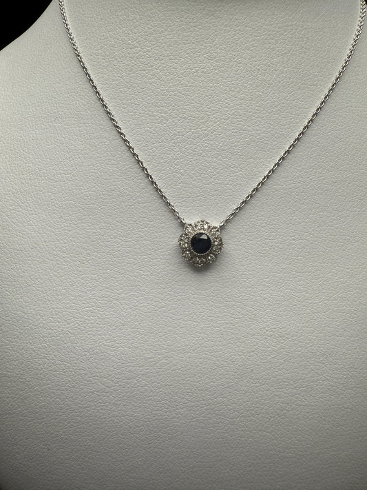 Sapphire Flower Necklace W/Natural Diamonds